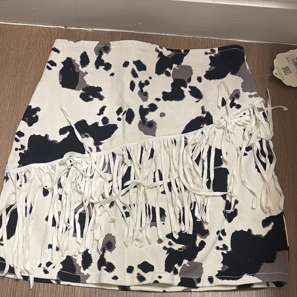 NWT Altar’d State Cow Print Fringe Skirt Sz XS